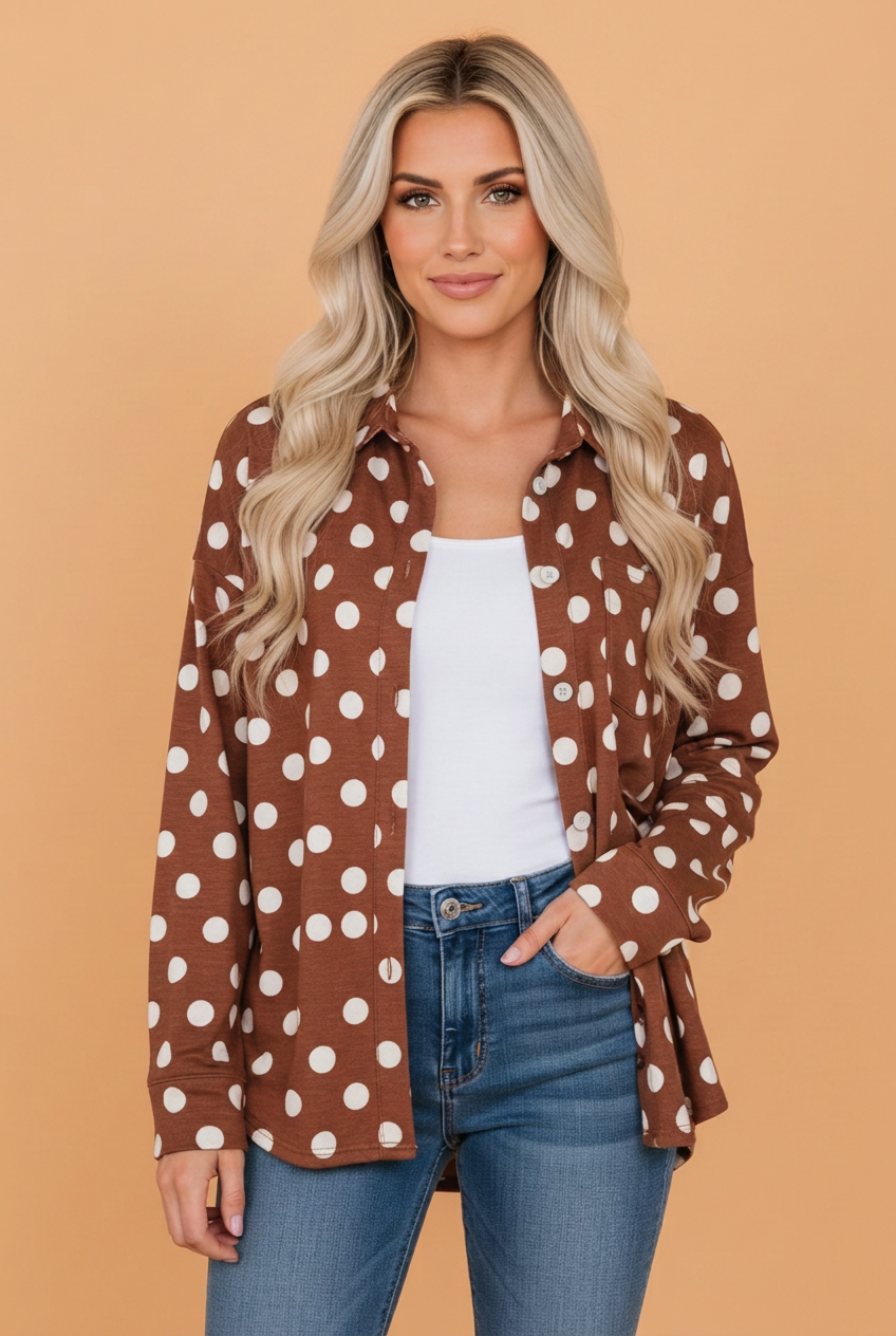 PRETTY BASH Polka Dot Long Sleeve Collared Tunic Shirt