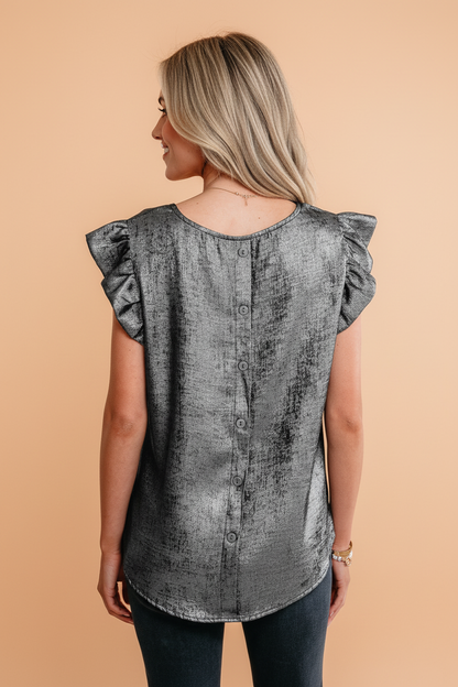 Metallic Ruffle Trim Sleeveless Round Neck Top