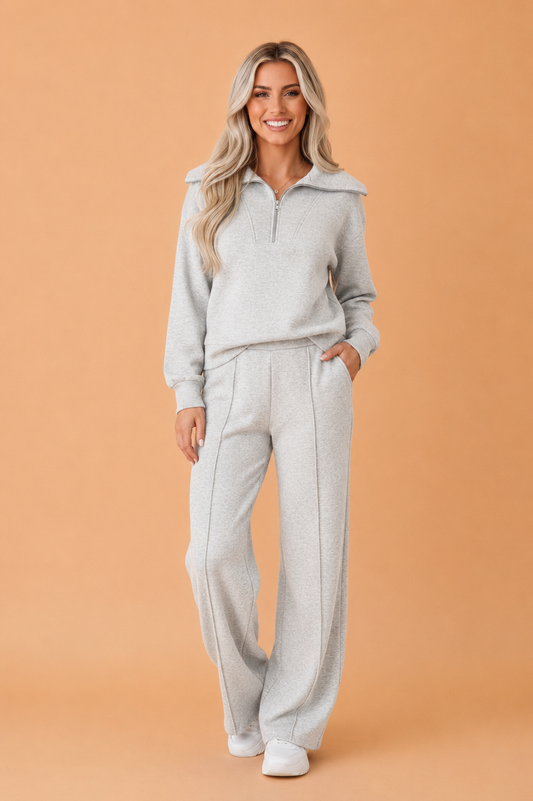 Solid Zip Up Sailor Collar Sweatshirt & Sweatpants Set