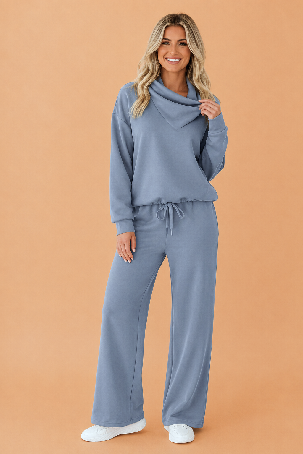 Solid Cowl Neck Pullover & Wide Leg Pants Set
