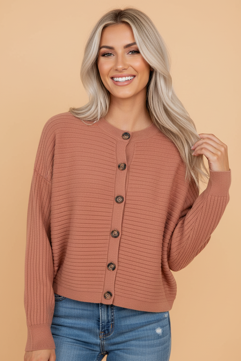 Ribbed Knit Button Front Dolman Sleeve Sweater Cardigan