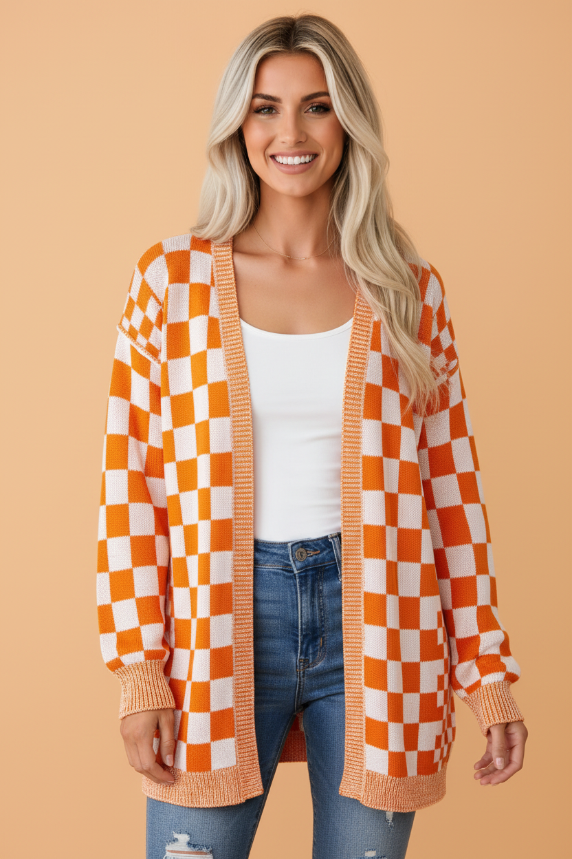 PRETTY BASH Checkered Open Front Drop Shoulder Cardigan