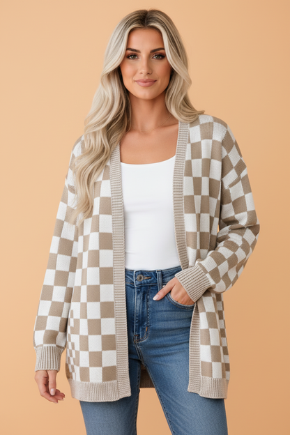 PRETTY BASH Checkered Open Front Drop Shoulder Cardigan