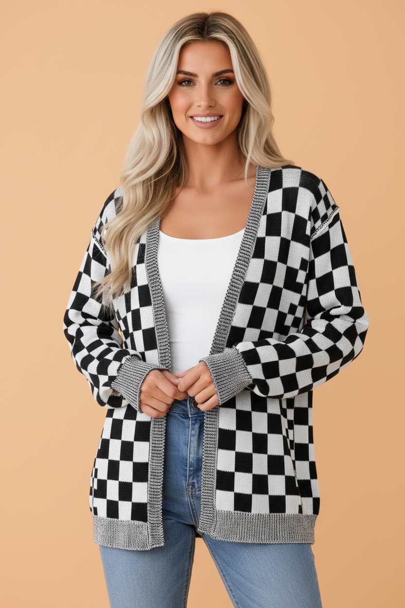 PRETTY BASH Checkered Open Front Drop Shoulder Cardigan