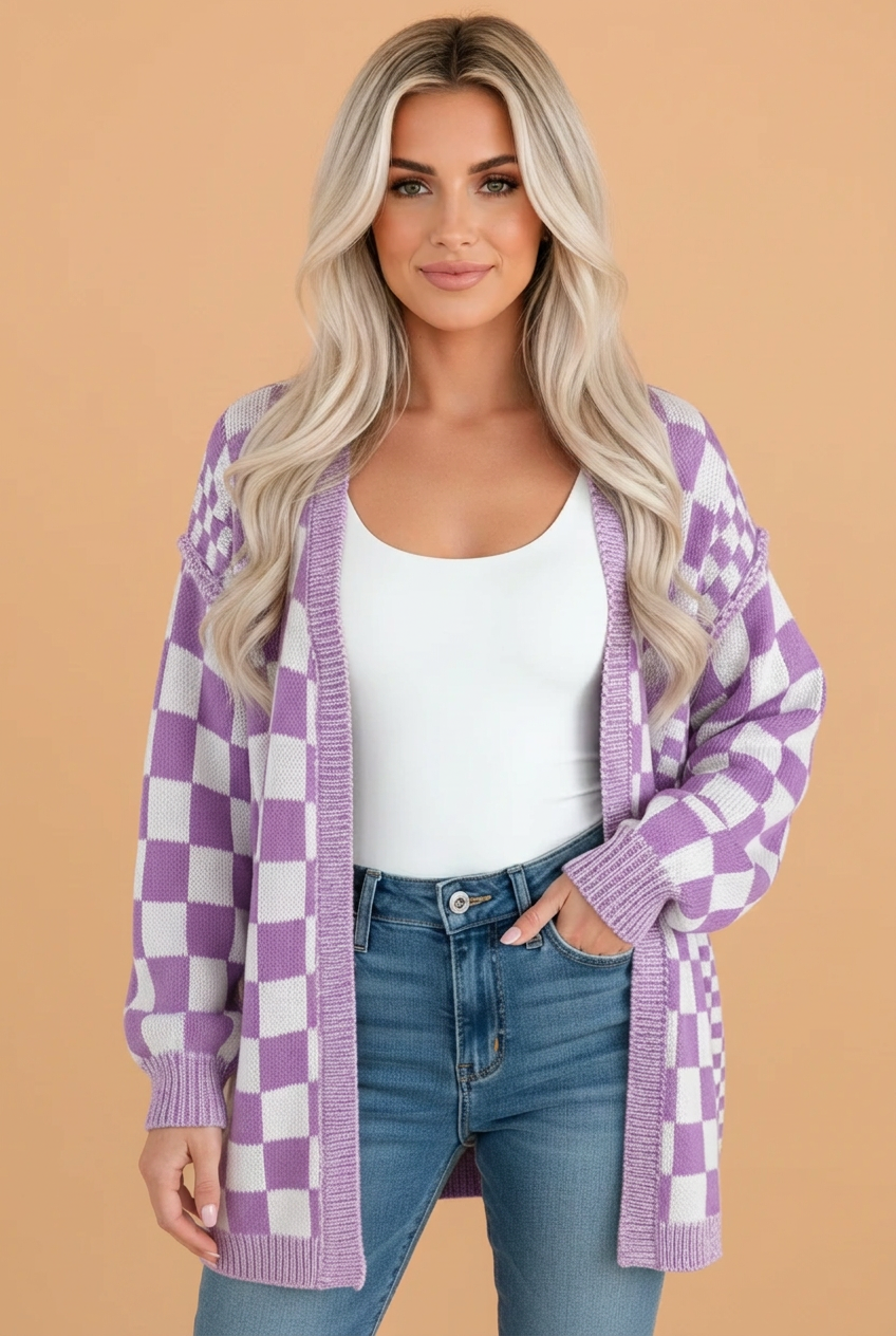 PRETTY BASH Checker Open Front Drop Shoulder Cardigan
