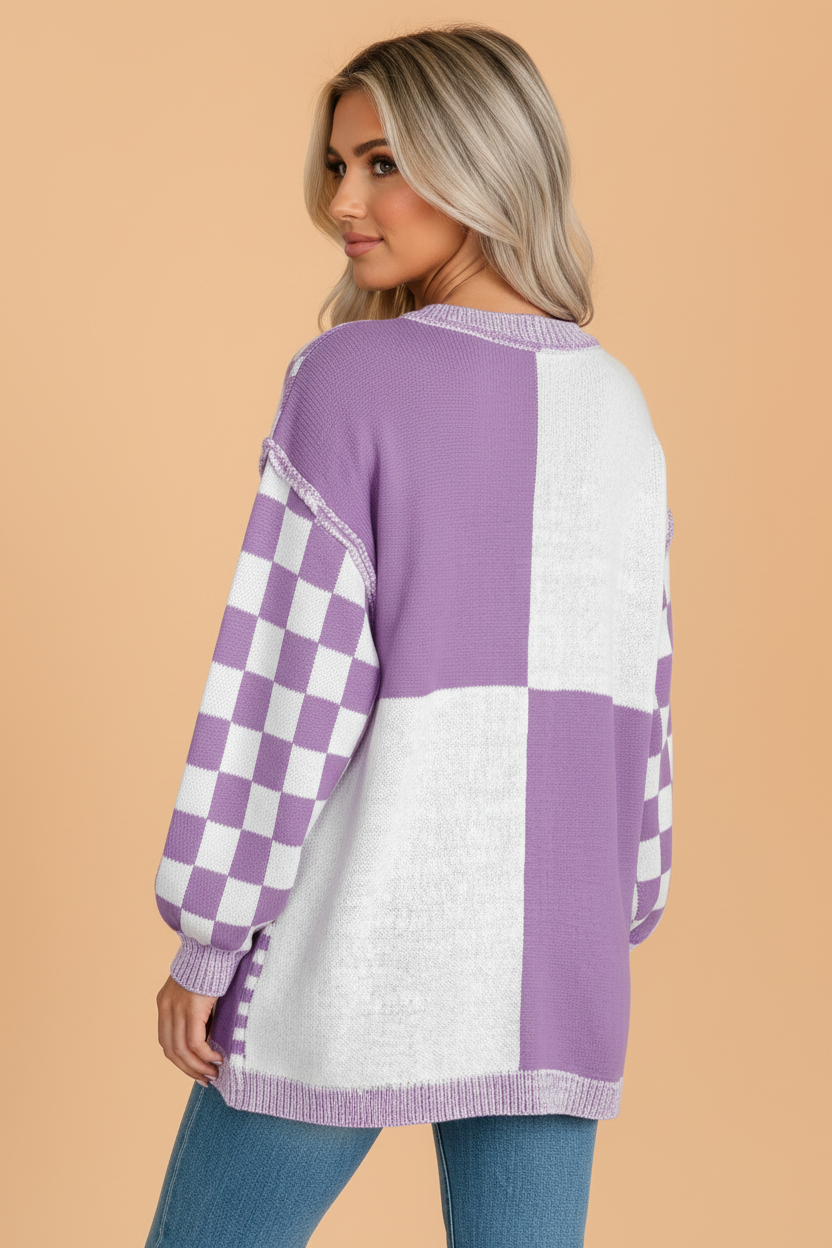 PRETTY BASH Checker Open Front Drop Shoulder Cardigan