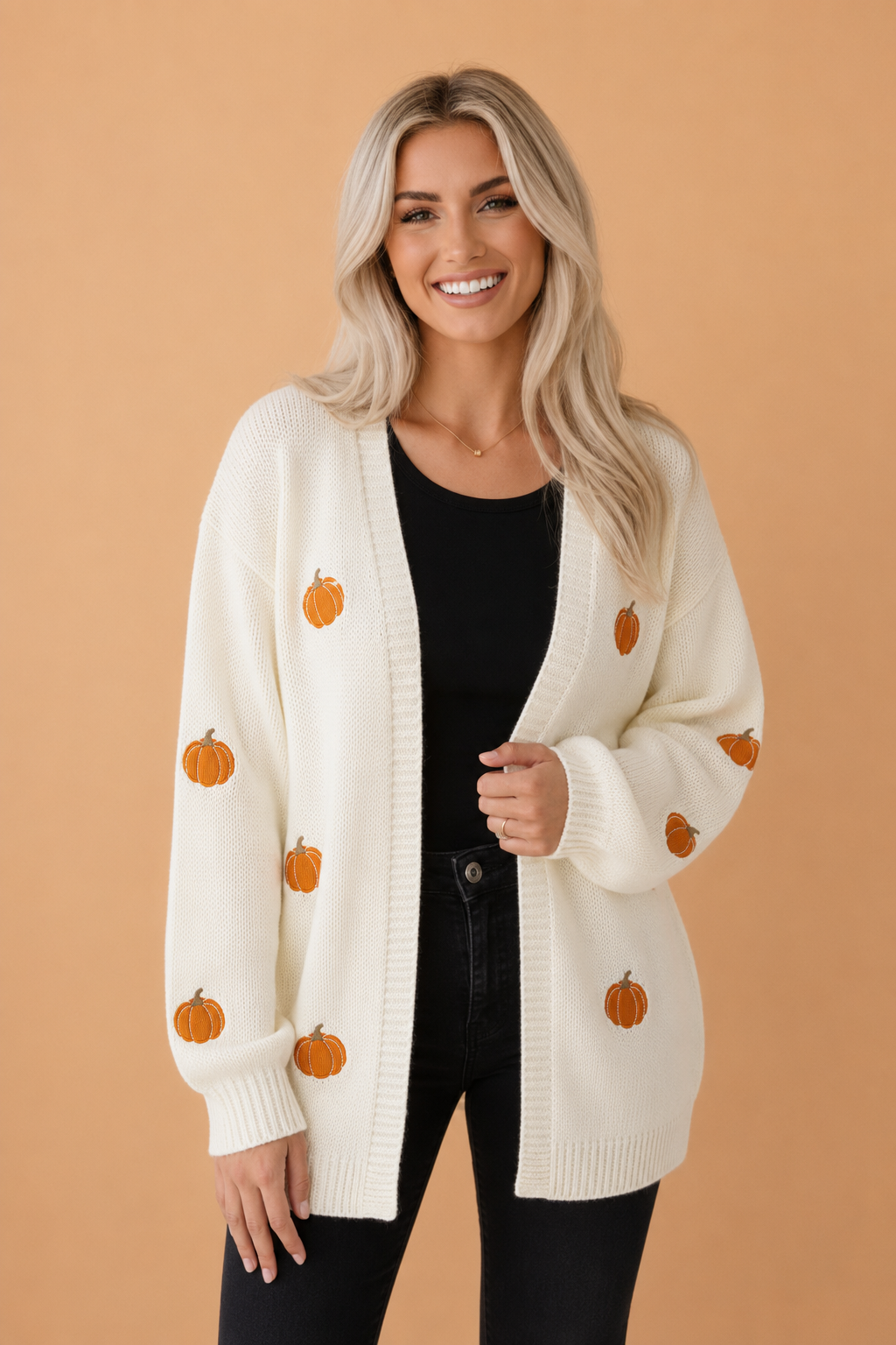 Pumpkin & Christmas Tree Embroidered Open Front Cardigan