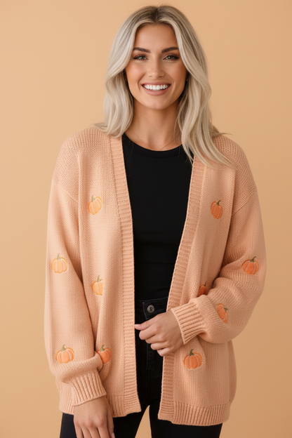 Pumpkin & Christmas Tree Embroidered Open Front Cardigan