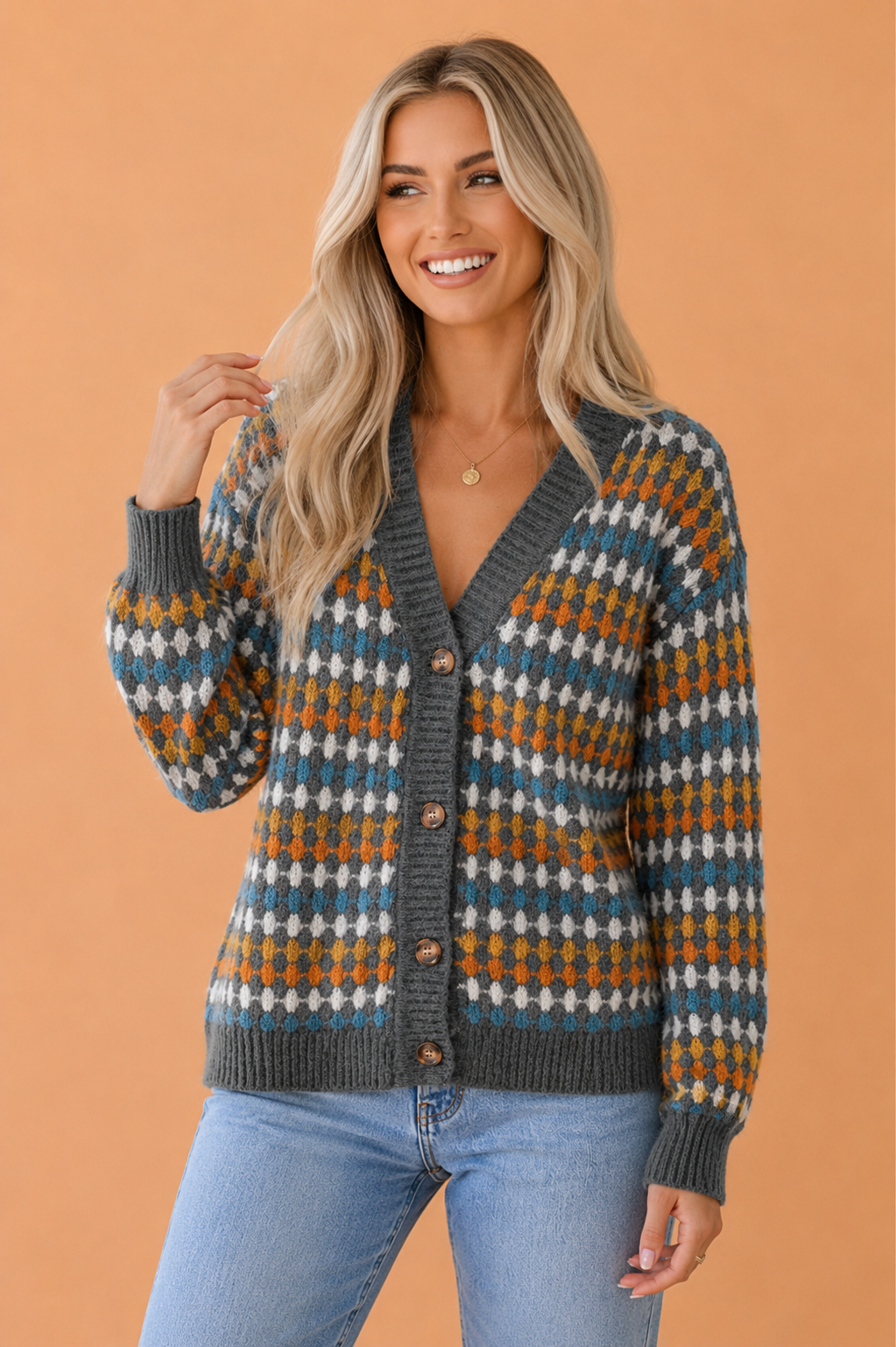 Dotted Diamond Knit Button-Up V-Neck Sweater Cardigan