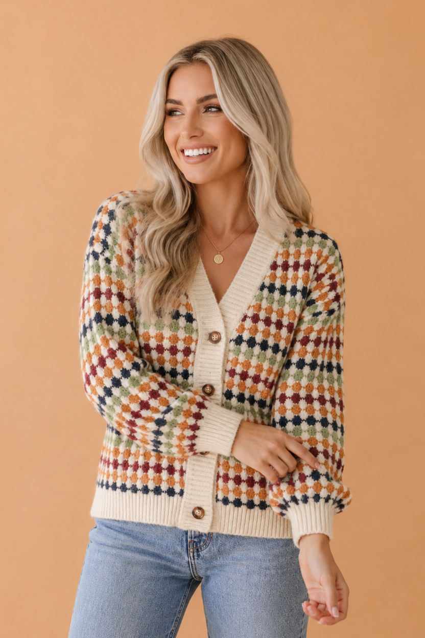 Dotted Diamond Knit Button-Up V-Neck Sweater Cardigan