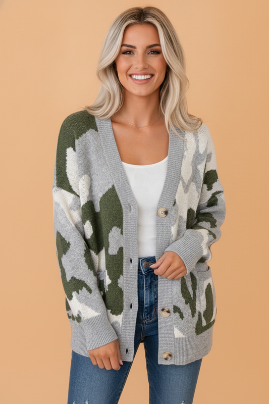 Camo Contrast Trim Buttoned V-Neck Cardigan