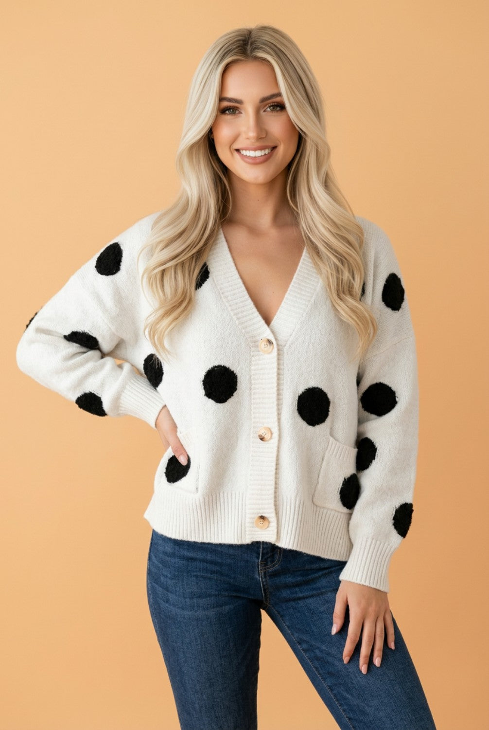 Polka Dot Button Front Oversized V-Neck Cardigan