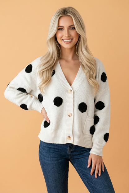 Polka Dot Button Front Oversized V-Neck Cardigan