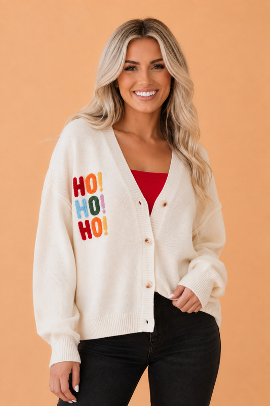 Ho Ho Ho Merry Christmas Buttoned V-Neck Cardigan