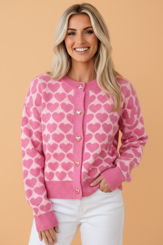 Heart Button Front Drop Shoulder Cardigan