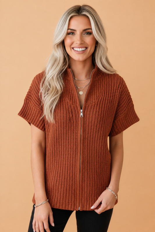 Solid Zip Up High Neck Short Sleeve Knit Top