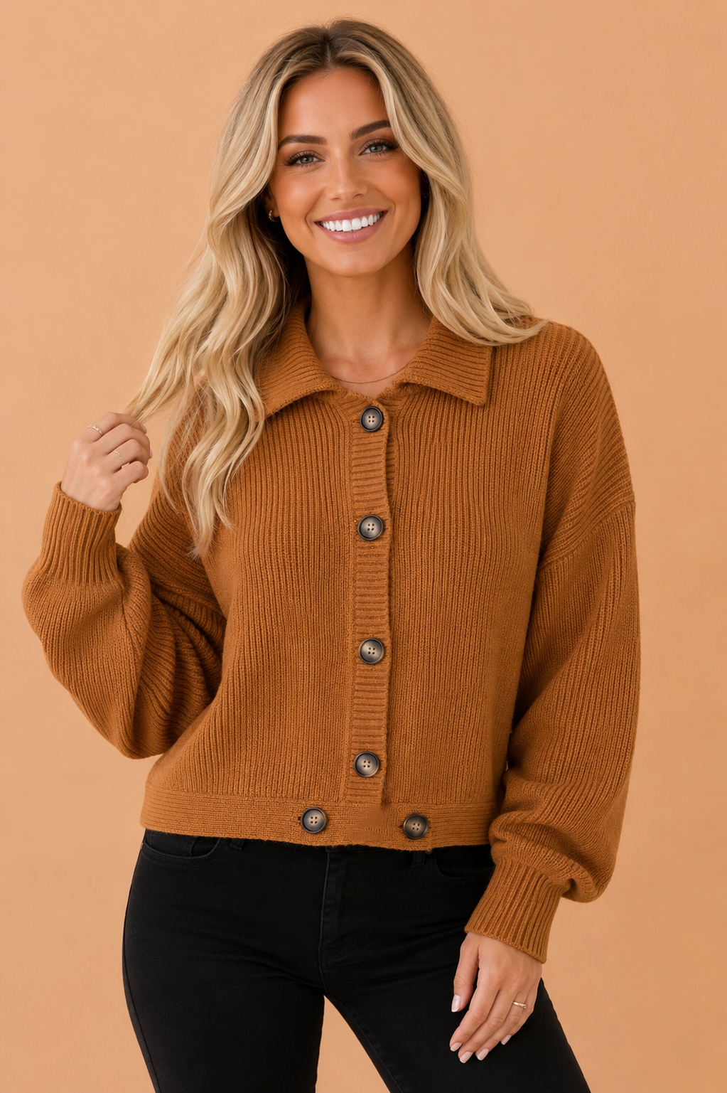 Solid Ribbed Knit Collared Button Front Cardigan