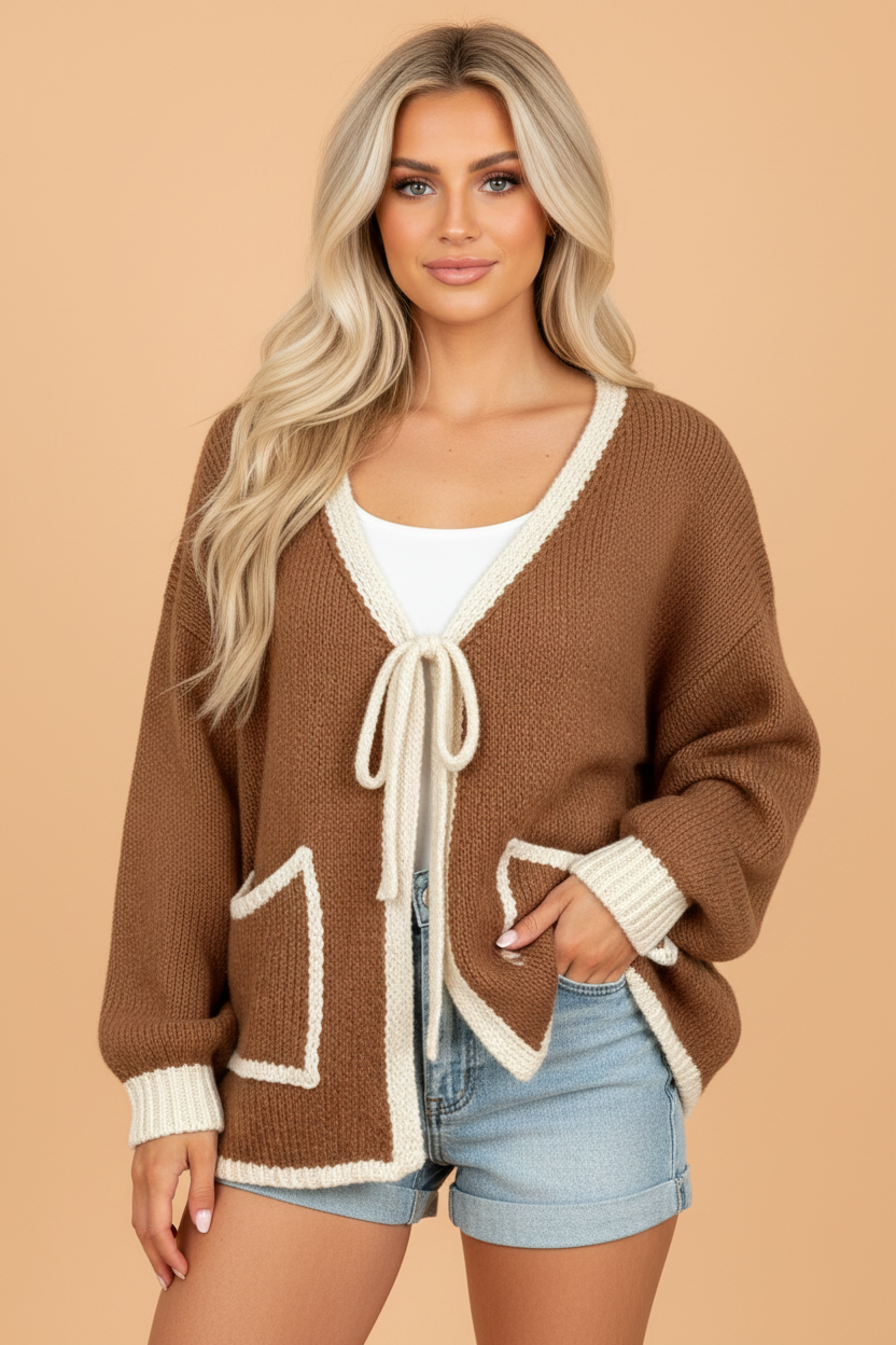 PRETTY BASH Contrast Trim Tie Front V-Neck Sweater Cardigan
