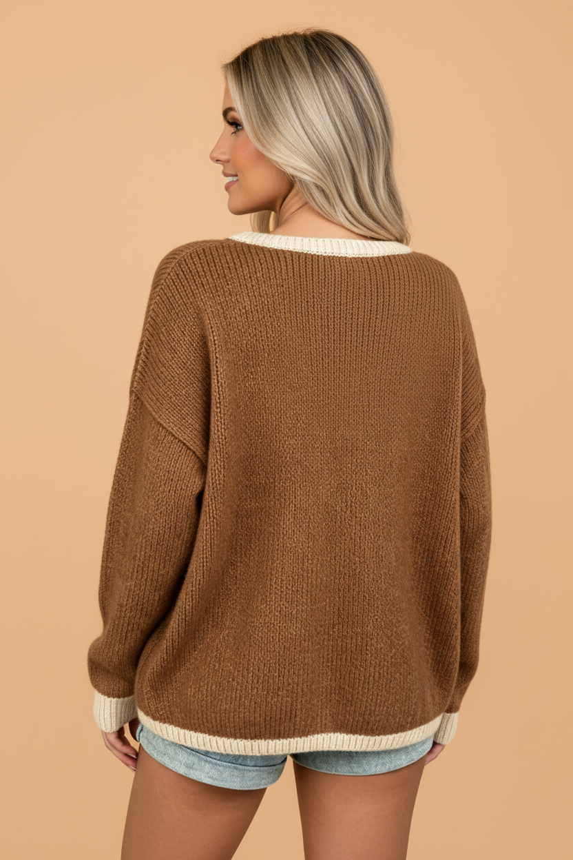 PRETTY BASH Contrast Trim Tie Front V-Neck Sweater Cardigan