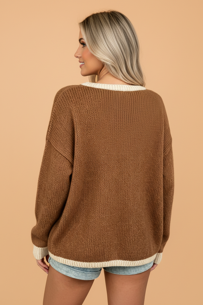 PRETTY BASH Contrast Trim Tie Front V-Neck Sweater Cardigan