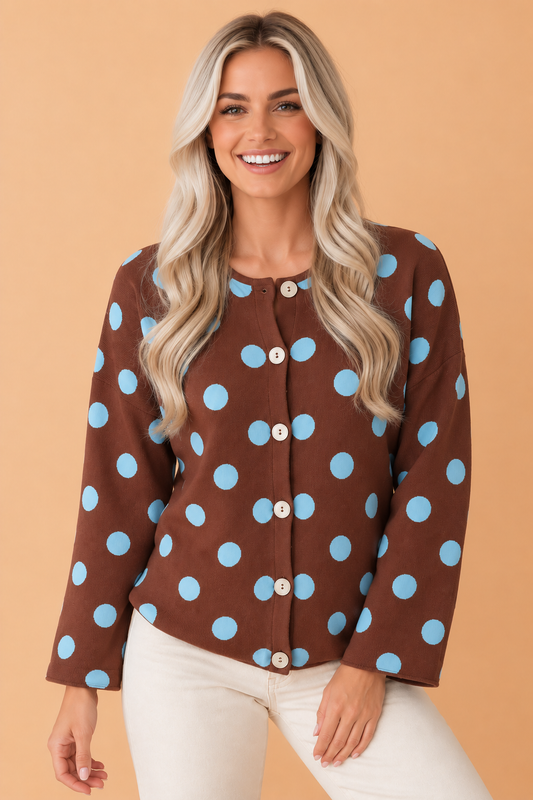 PRETTY BASH Polka Dot Drop Shoulder Button Down Cardigan