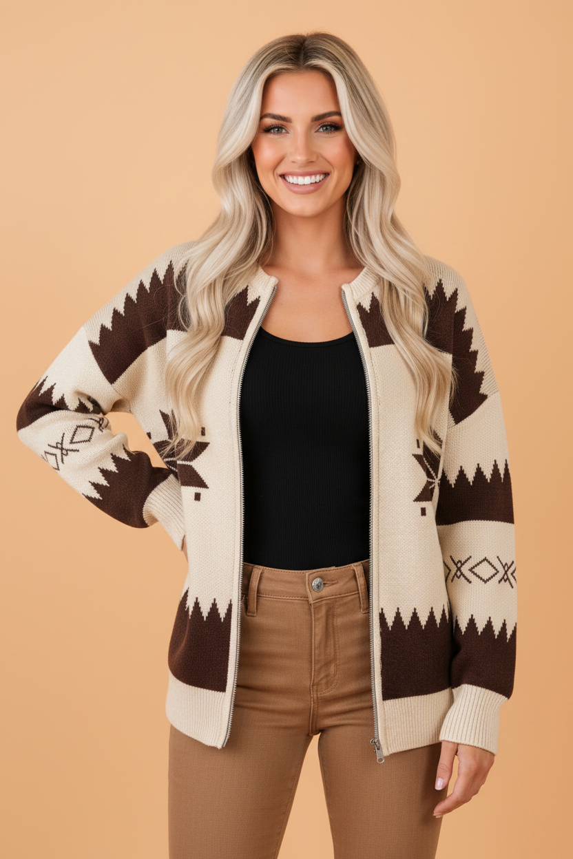 Western Geometric Zip Up Sweater Knit Cardigan
