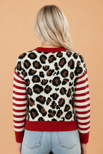 Leopard Stripe Patchwork Buttoned Cropped Cardigan