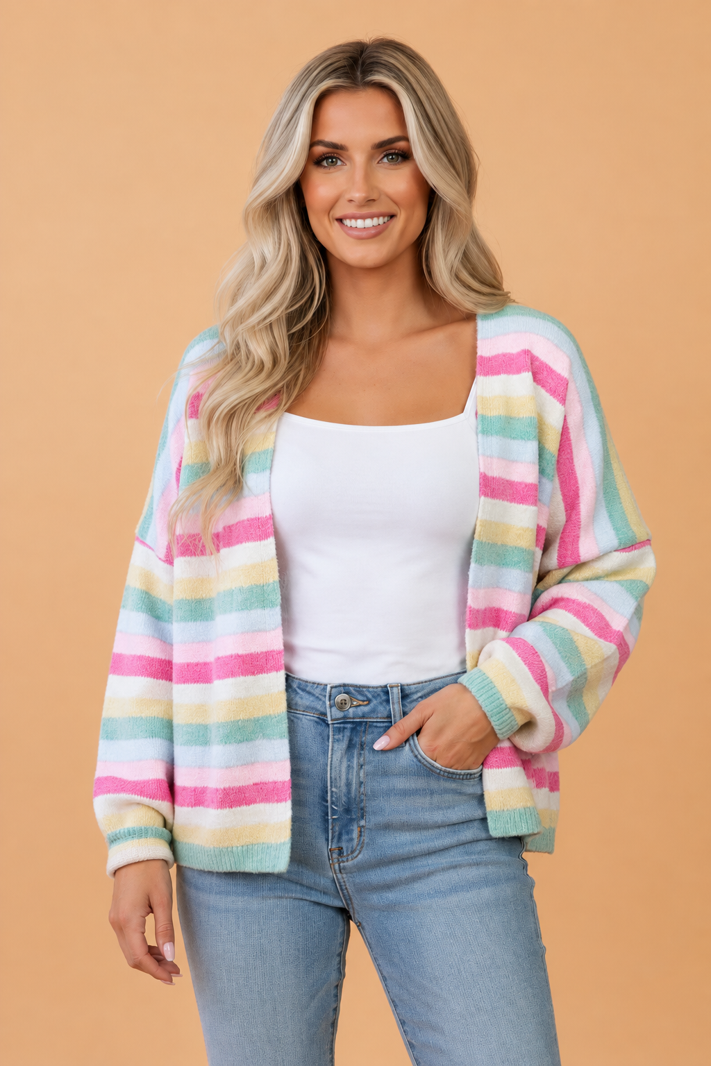 PRETTY BASH Stripe Drop Shoulder Open Front Sweater Cardigan