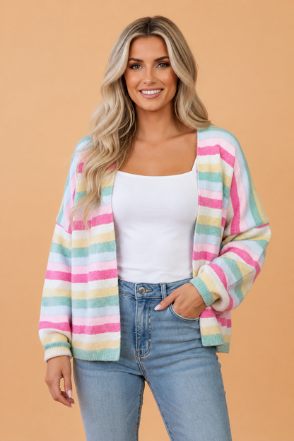 PRETTY BASH Stripe Drop Shoulder Open Front Sweater Cardigan