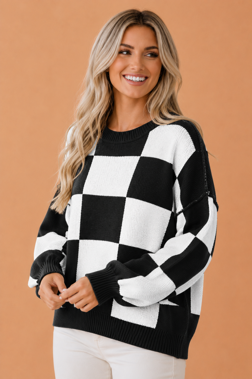 Checker Exposed Seam Drop Shoulder Long Sleeve Sweater – Pretty Bash