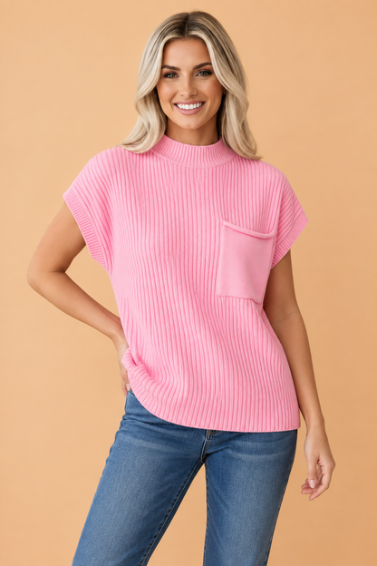 Solid Ribbed Knit Patch Pocket Short Sleeve Top