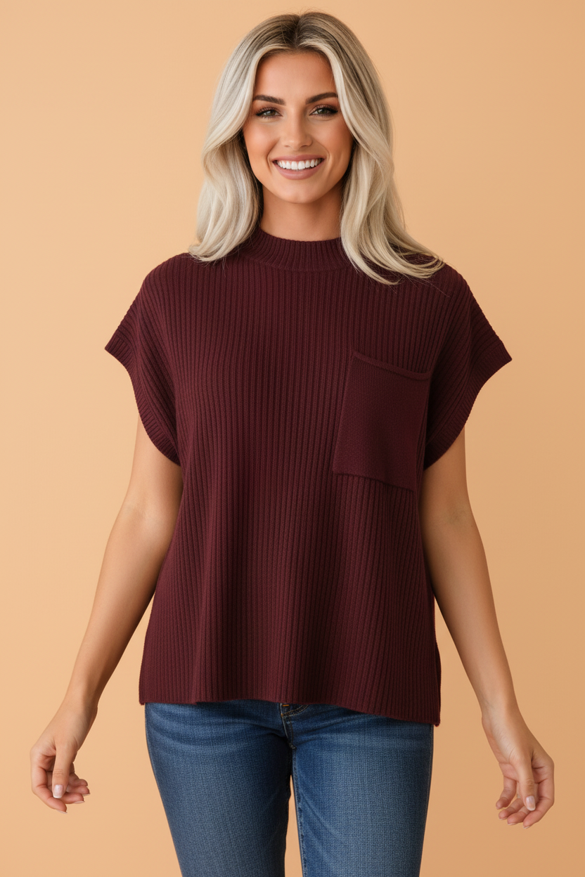 Solid Ribbed Knit Patch Pocket Short Sleeve Top