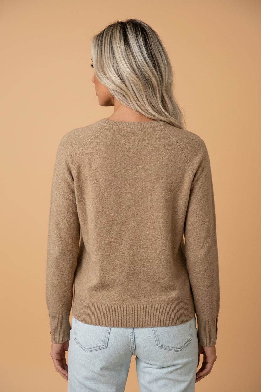 Solid Buttoned Bishop Long Sleeve Crew Neck Sweater