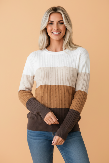 PRETTY BASH Colorblock Cable Knit Round Neck Sweater