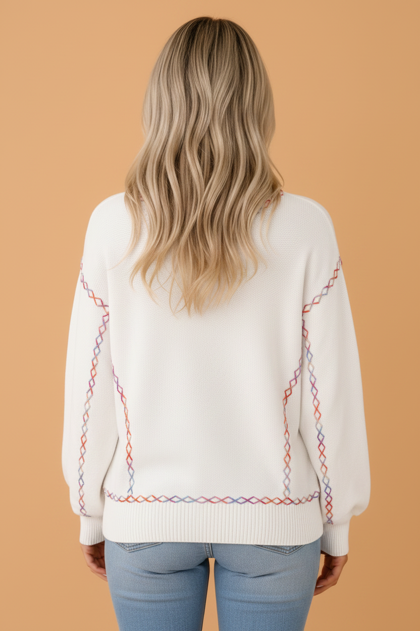 Rainbow Stitching Balloon Sleeve Sweater