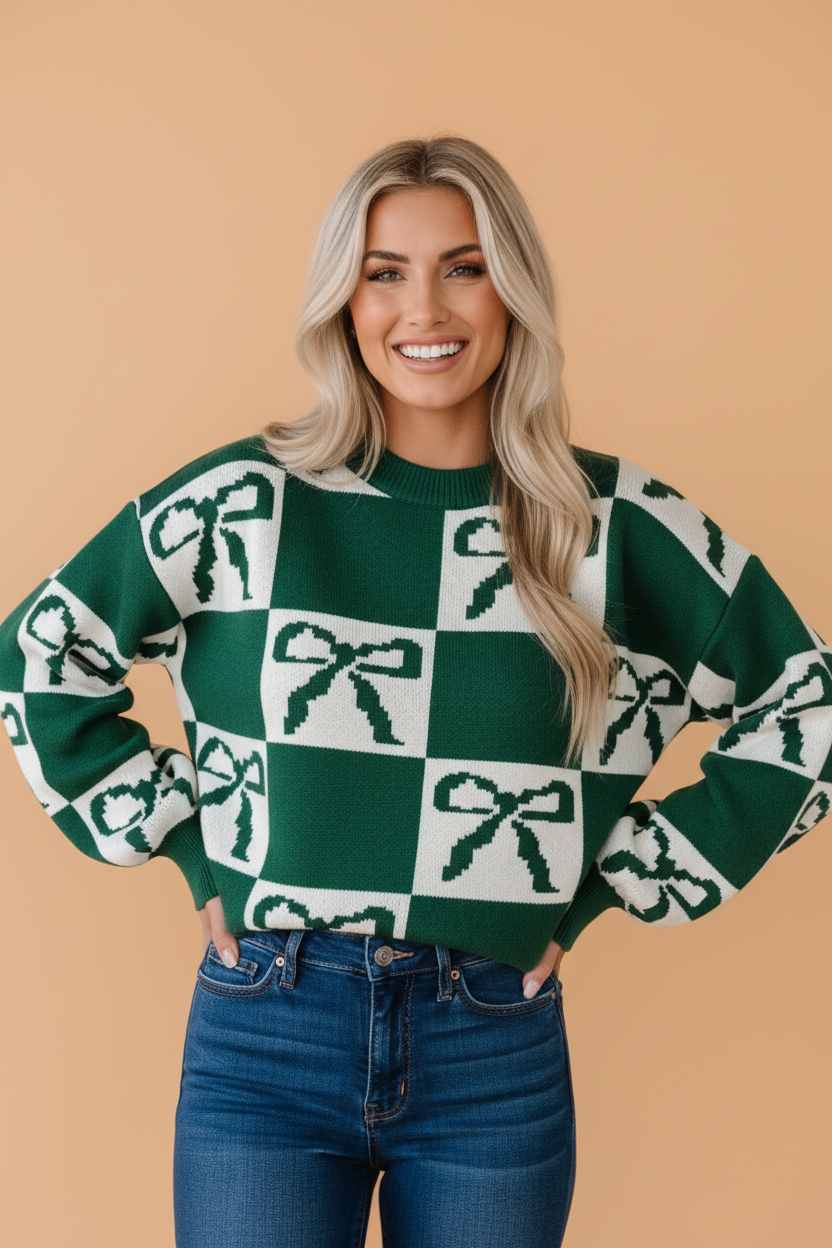 Checker Bow Crewneck Sweater