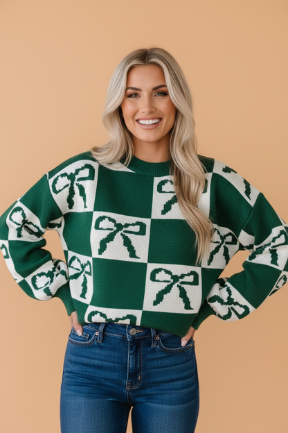 Checker Bow Crewneck Sweater