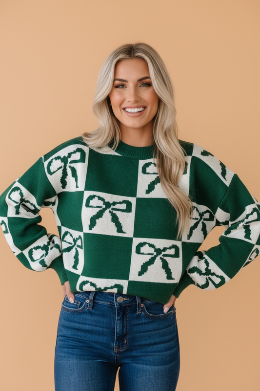 Checker Bow Crewneck Sweater