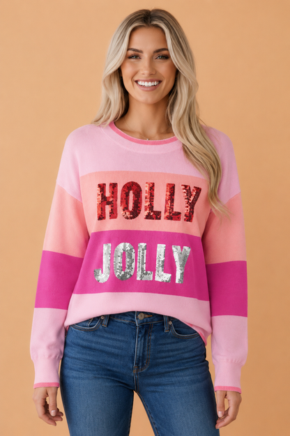 Christmas HOLLY JOLLY Sequin Colorblock Sweater