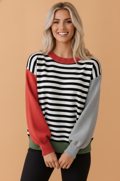 Stripe Colorblock Ribbed Trim Long Sleeve Sweater