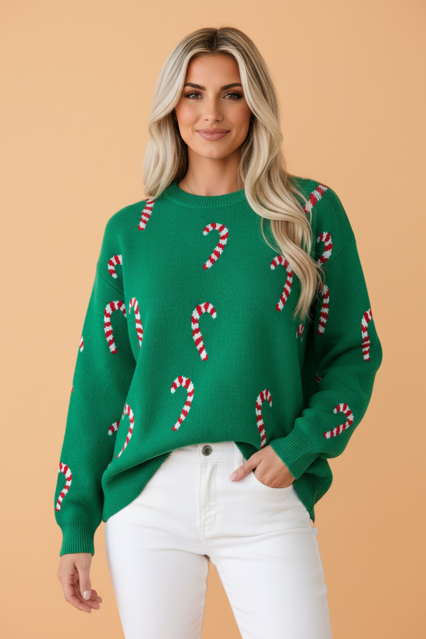 PRETTY BASH Christmas Candy Cane Drop Shoulder Sweater
