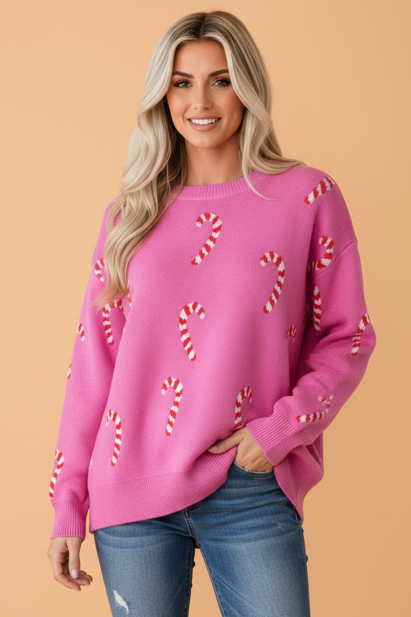 PRETTY BASH Christmas Candy Cane Drop Shoulder Sweater