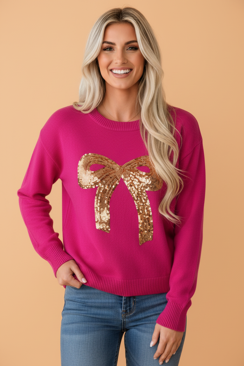 PRETTY BASH Christmas Holiday Sequin Bow Graphic Print Sweater