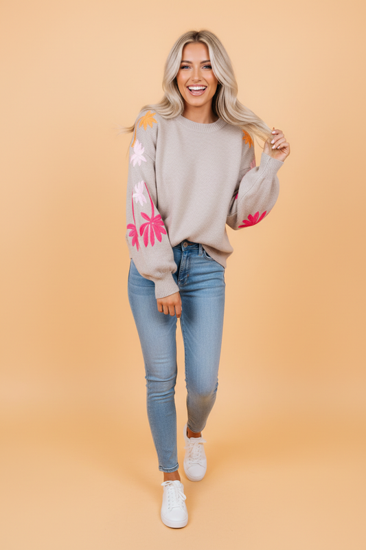 Floral Embroidered Sleeve Round Neck Loose Sweater