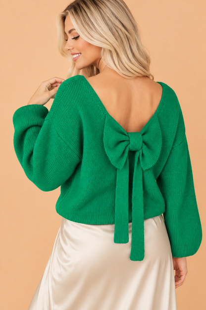 Bow Tie Backless Bubble Sleeve Sweater
