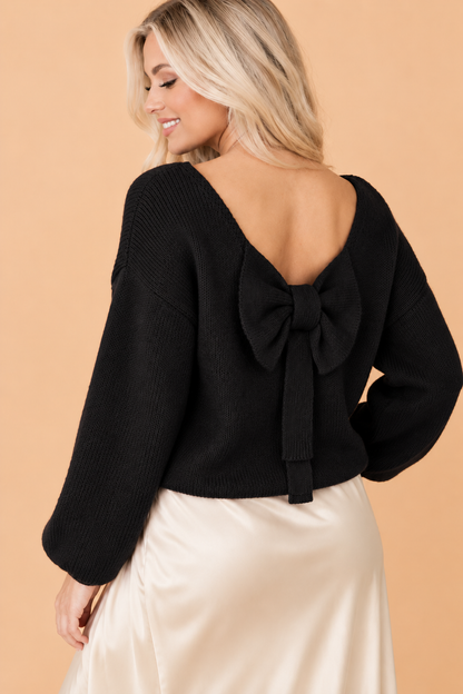 Bow Tie Backless Bubble Sleeve Sweater