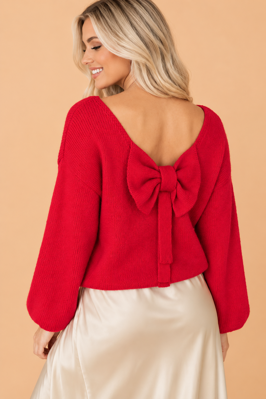 Bow Tie Backless Bubble Sleeve Sweater