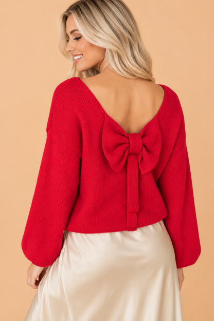 Bow Tie Backless Bubble Sleeve Sweater