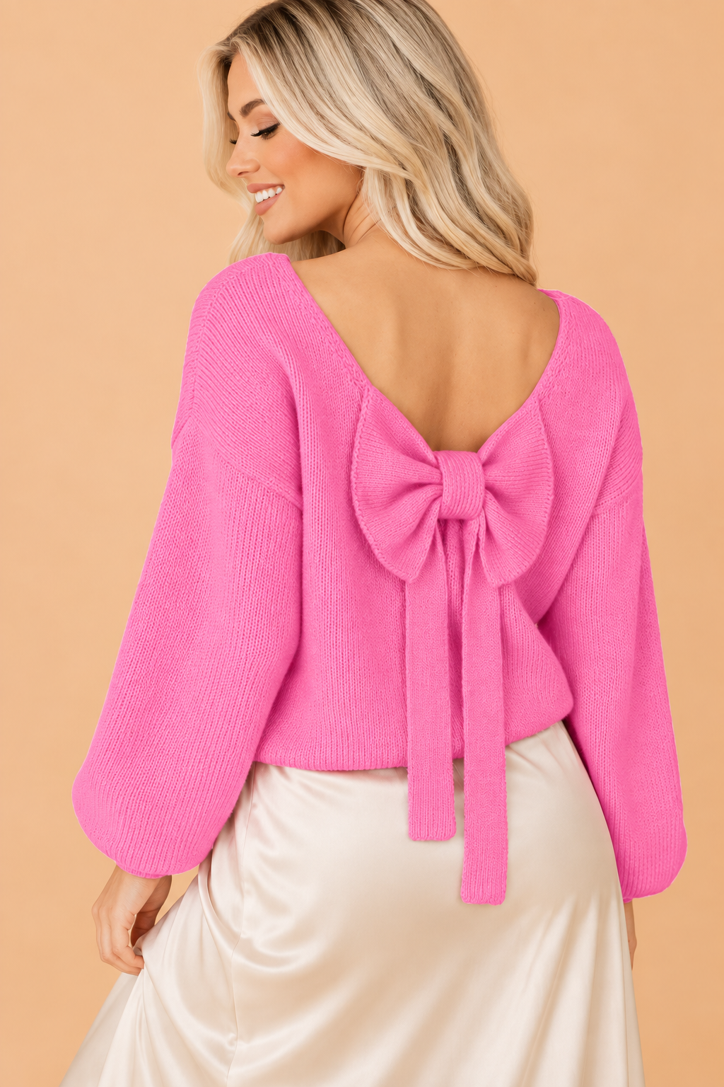 Bow Tie Backless Bubble Sleeve Sweater
