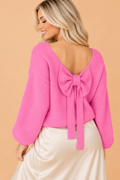 Bow Tie Backless Bubble Sleeve Sweater